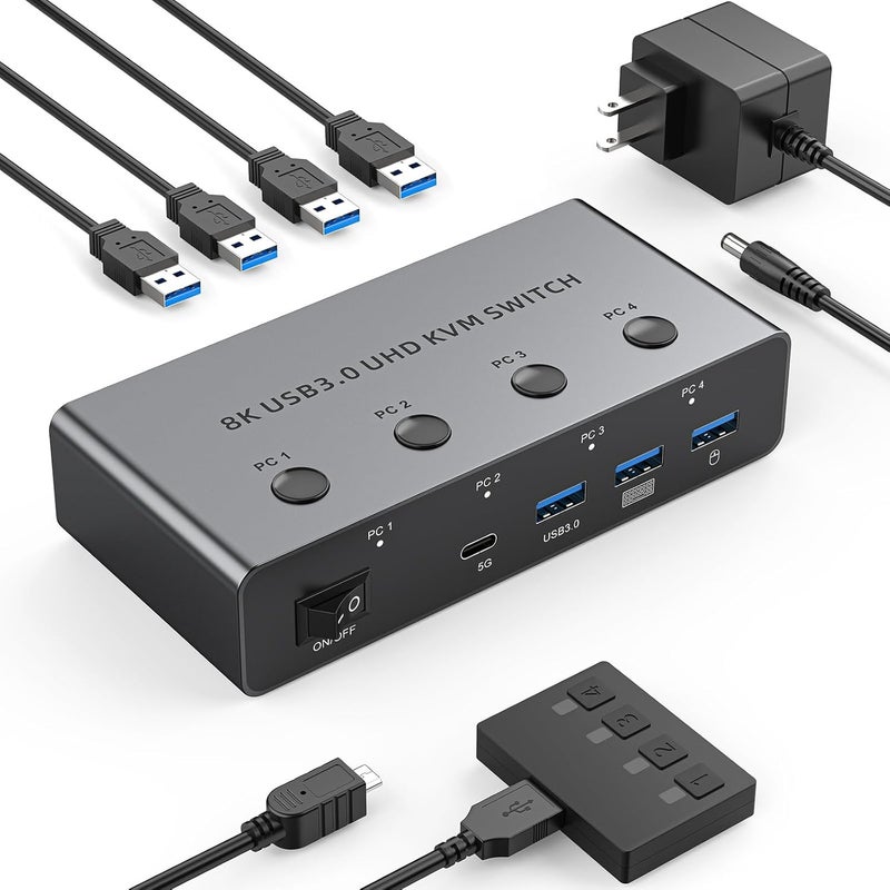 CCONG 5G USB3.0 KVM Switch HDMI 8K@60Hz 4K@144Hz for 4 Computers Share 1 Monitor, KVM Switch 4 Port with 3 USB 3.0 and 1 USB-C Ports Share Keyboard Mouse - Image 1